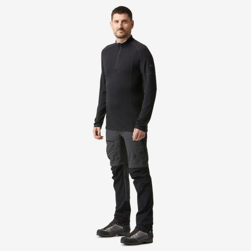 Men's Decathlon Mountain Backpacking Merino Wool Long-sleeved With Zip Collar Mt500 T-Shirt Black | AOQ503827