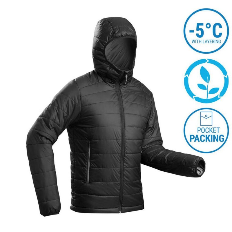 Men's Decathlon Synthetic Mountain Backpacking Hooded Padded Mt100 41°f Jacket Black | FVO528497