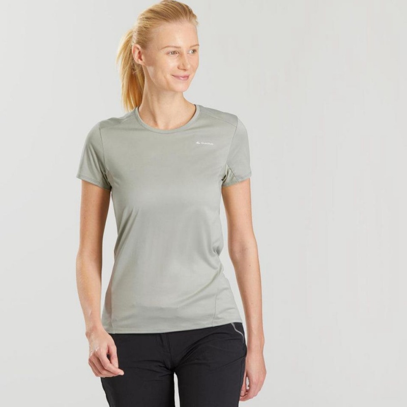 Women's Decathlon Mountain Walking Short-sleeved Mh100 T-Shirt Green | ZAS901372