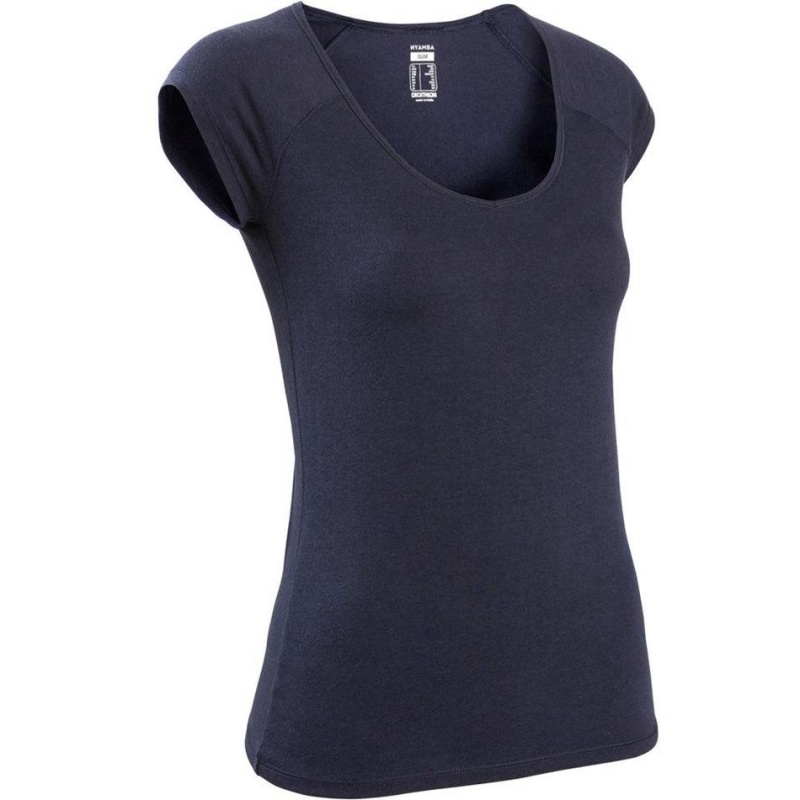 Women's Decathlon Nyamba 500 Pilates And Gentle Gym Slim-fit T-Shirt Navy | DCJ529470