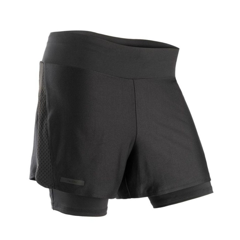 Women's Decathlon Run Dry+ 2-in-1 Running With Built-in Briefs Shorts Black | KIV971368